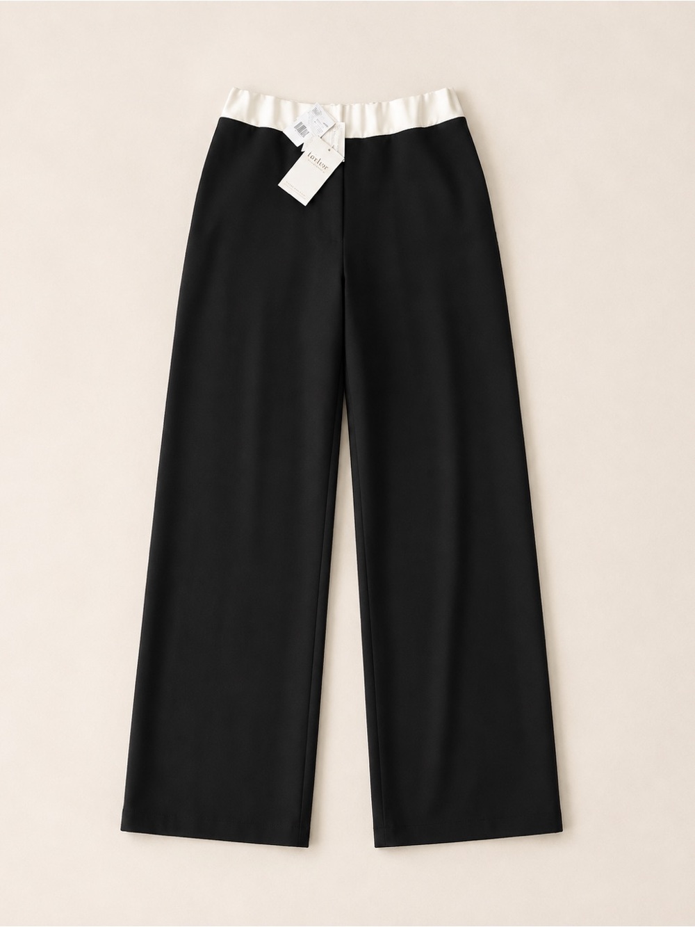 High-Rise Black Wide-Leg Pants with Cream Contrast Waistband